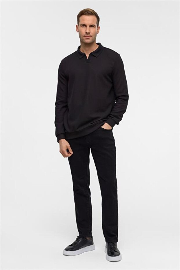 Siyah Regular Düz Polo Yaka Sweatshirt - 6
