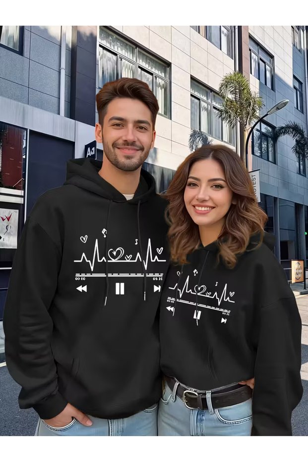 Lover Couple Combination Heartbeat Music Printed Hooded Sweatshirt Set of 2 3 Thread Cotton