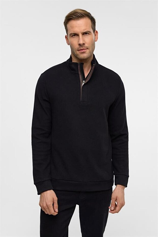 Siyah Regular Düz Polo Yaka Sweatshirt - 3