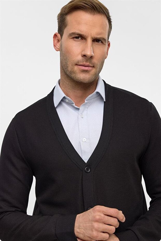 Siyah Regular Düz V Yaka Hırka - 4