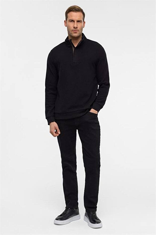 Siyah Regular Düz Polo Yaka Sweatshirt - 6