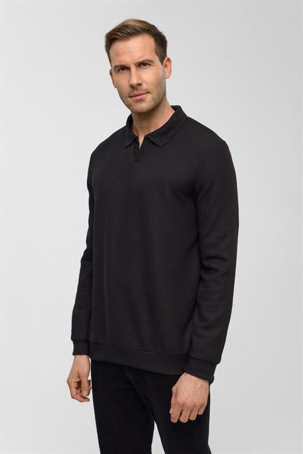 Siyah Regular Düz Polo Yaka Sweatshirt - 3
