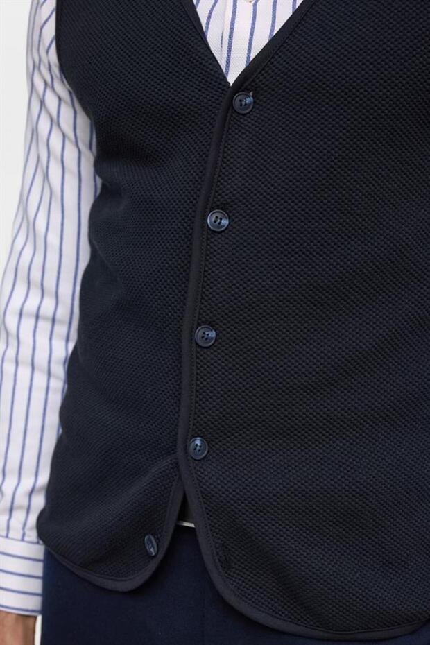 Lacivert Regular Kapitone V Yaka Yelek - 4