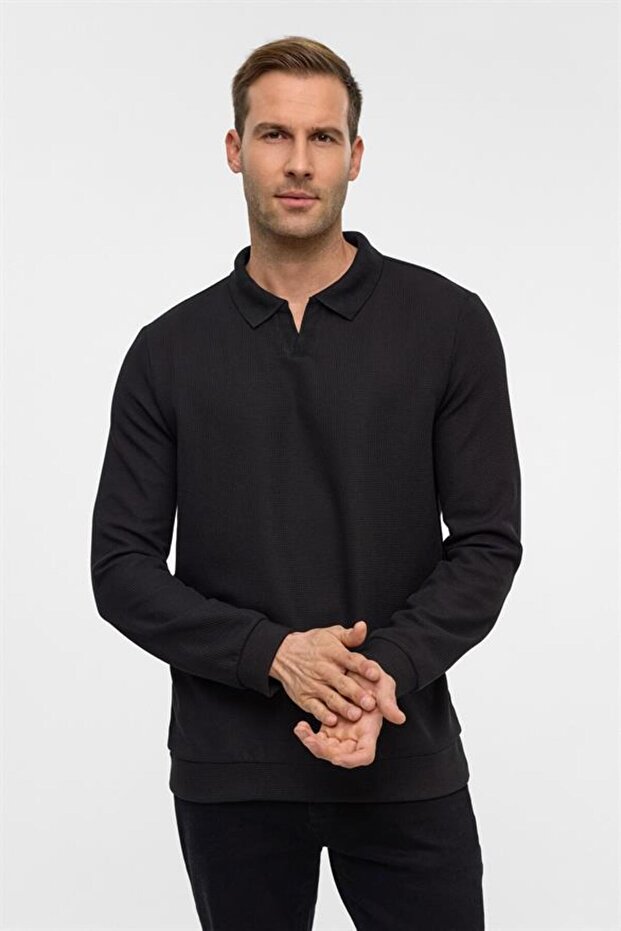 Siyah Regular Düz Polo Yaka Sweatshirt - 2