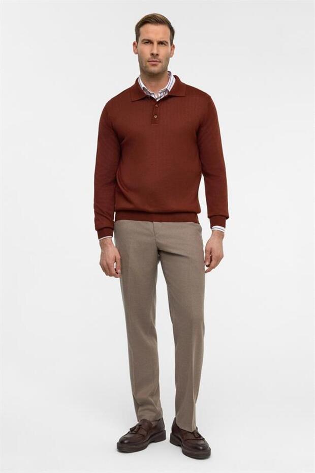 Kiremit Regular Düz Polo Yaka Triko - 6