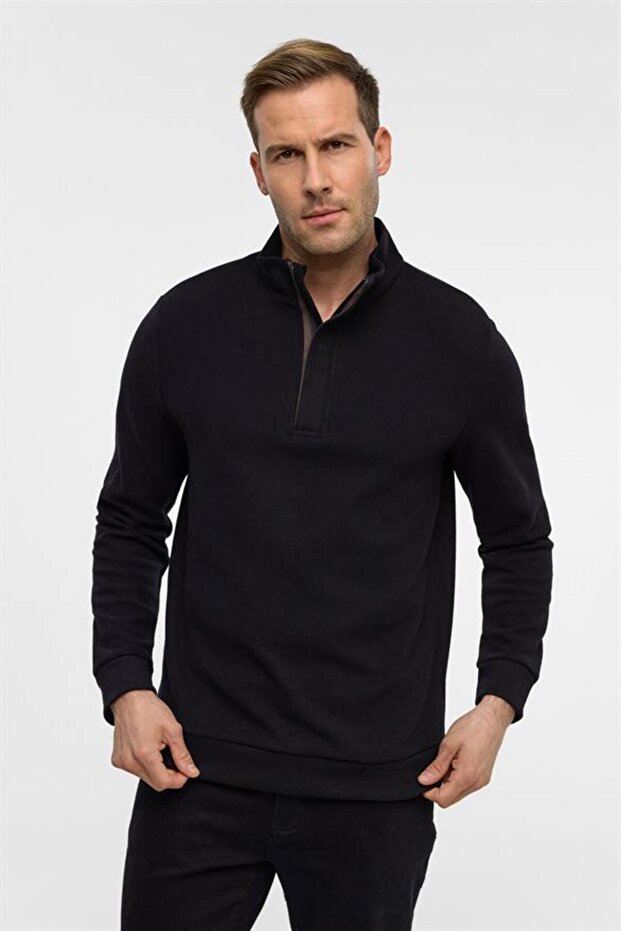 Siyah Regular Düz Polo Yaka Sweatshirt - 2