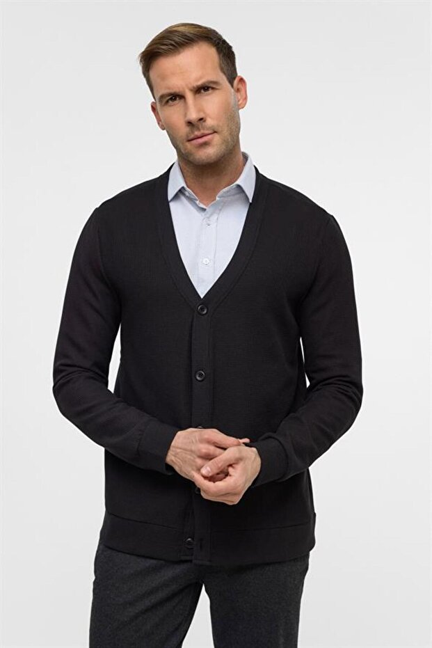 Siyah Regular Düz V Yaka Hırka - 2