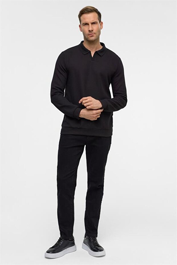 Siyah Regular Düz Polo Yaka Sweatshirt - 5