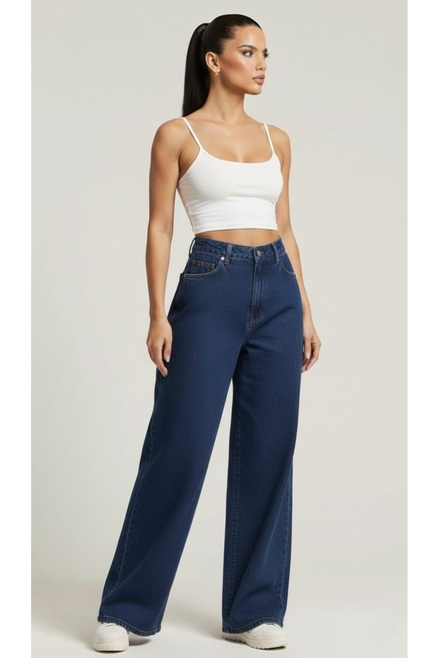 Lina 90`S Stretch Fabric Casual Women's Dark Blue Super High Waist Wide Leg Denim Jeans