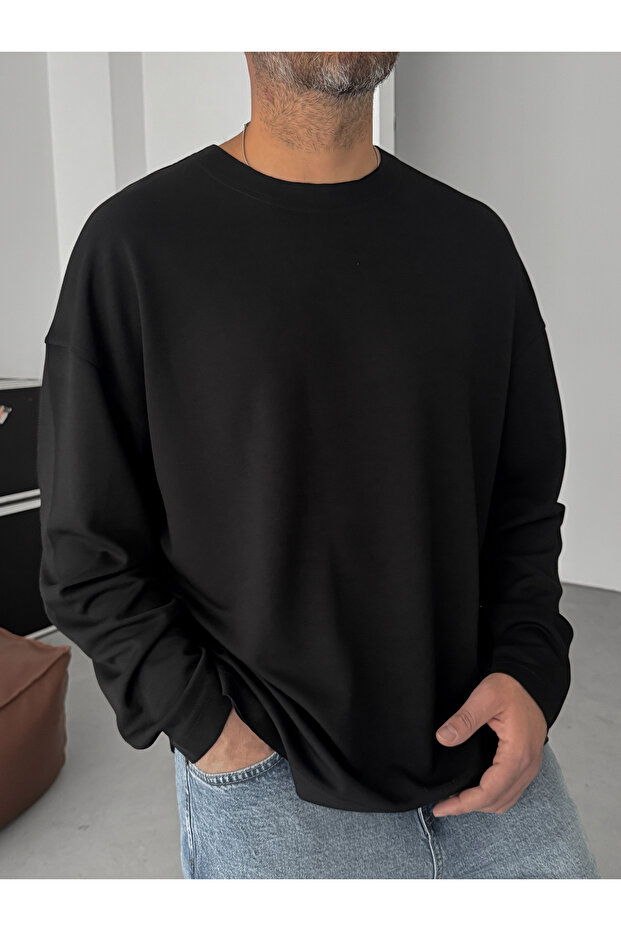 Siyah Modal Kumaş Likralı Oversize Sweatshirt By - 3