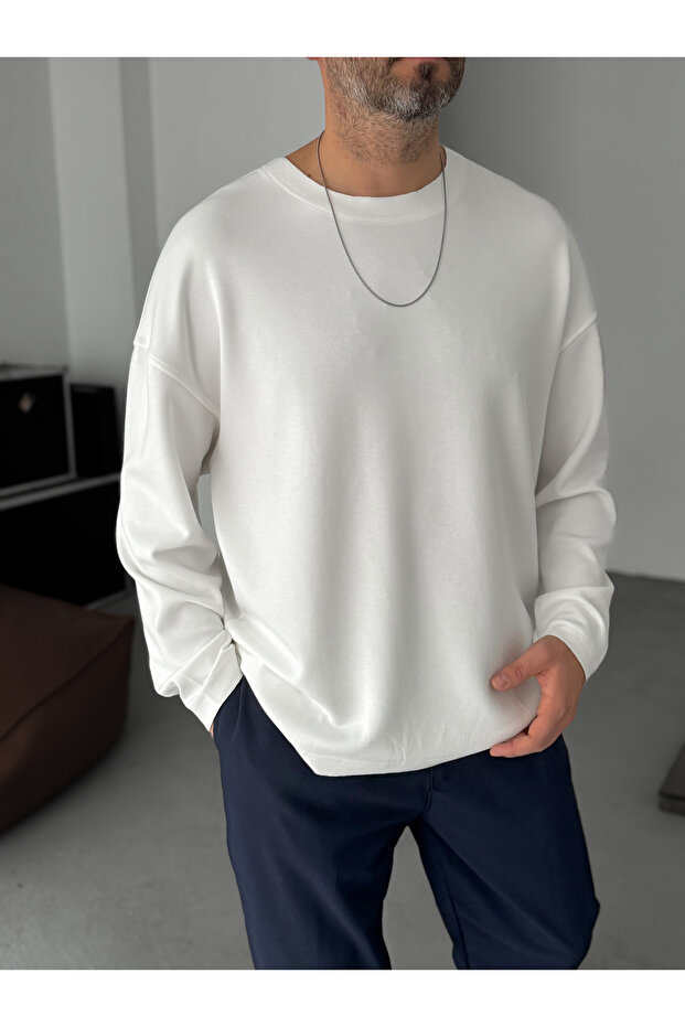 Beyaz Modal Kumaş Likralı Oversize Sweatshirt By - 4
