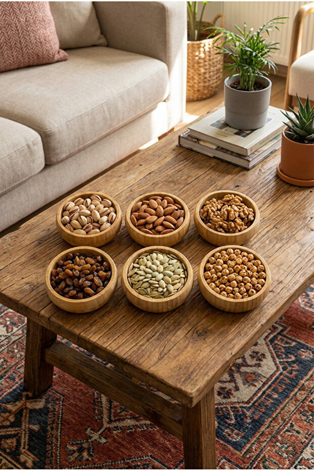 Bamboo 6-Piece Snack & Nut Presentation Set Round – Natural Wood Serving Bowl
