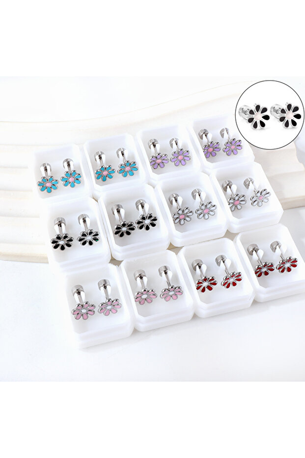 1 12Pair/Box Flower Daisy Stainless Steel Stud Earrings With Glitter Trendy Cute Hypoallergenic Cas.