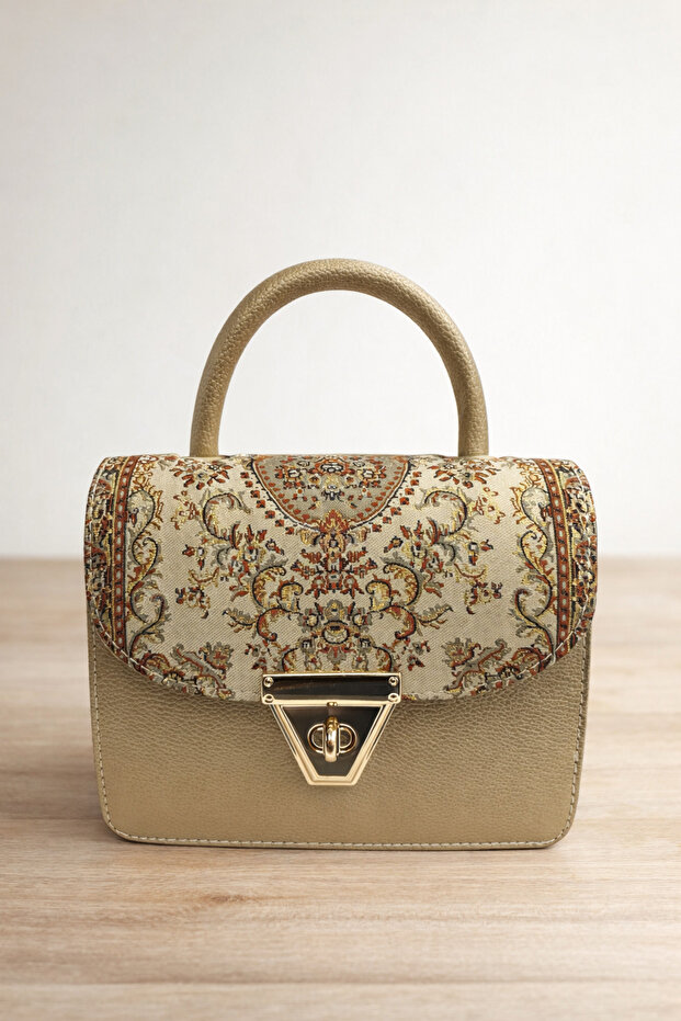 Patterned Covered Hand and Shoulder Bag - Gold