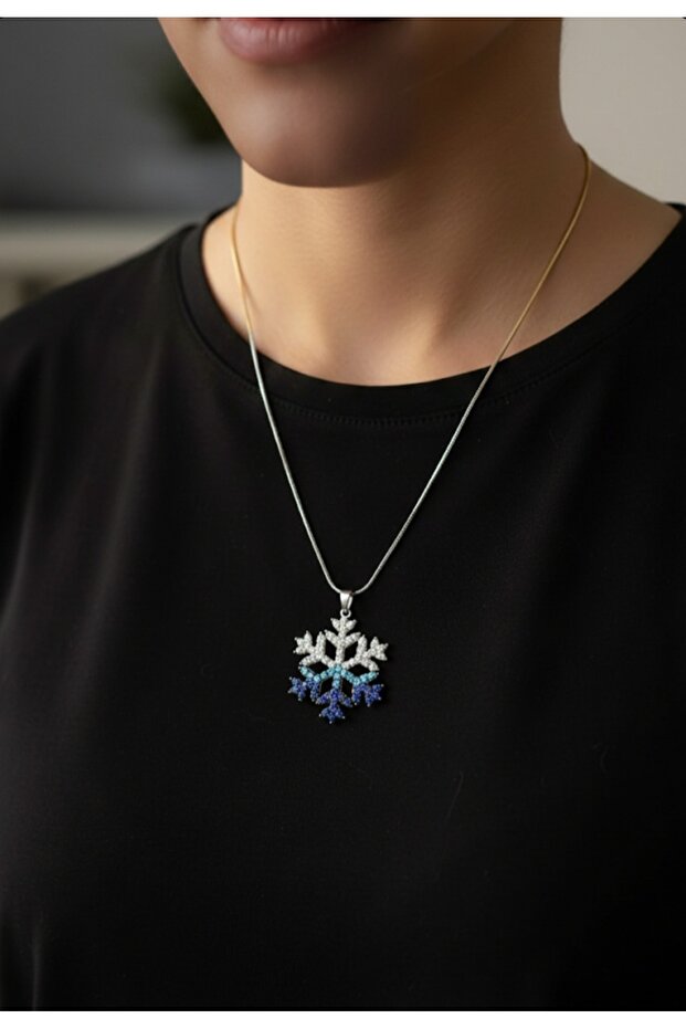 Snowflake Necklace with Silver Color Chain and Colorful Zircon Stone