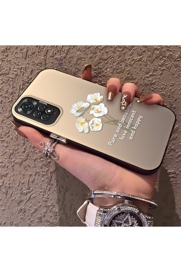 Xiaomi Redmi Note 11S Compatible Silicone Edge Acrylic Back White Flower Protective Case