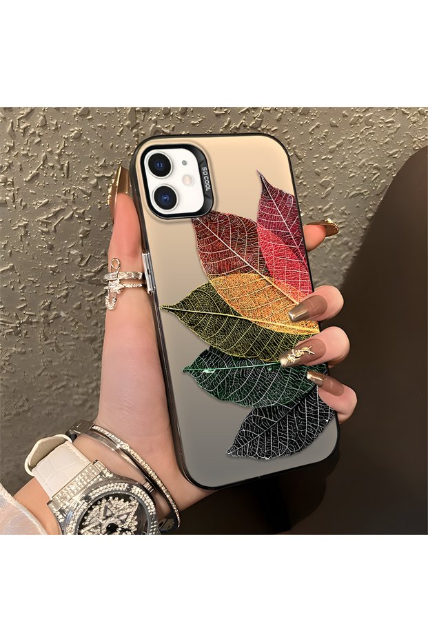 iPhone 12 Compatible Silicone Edge Acrylic Back Colorful Leaf Protective Case
