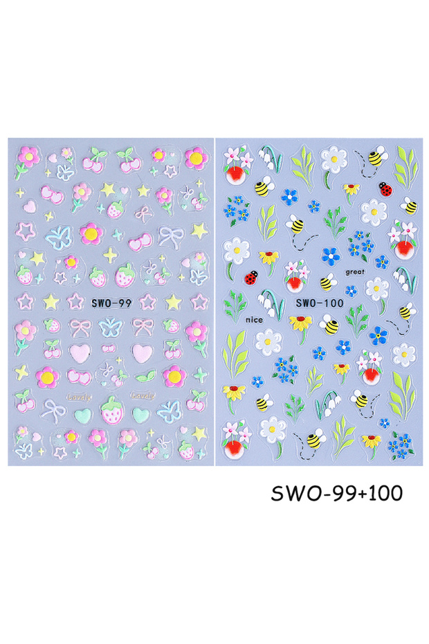 SWO-99-100 2pcs Summer Sweet Nail Stickers 3D Cute Flowers Heart Cherry Bow Strawberry Colorful Nail