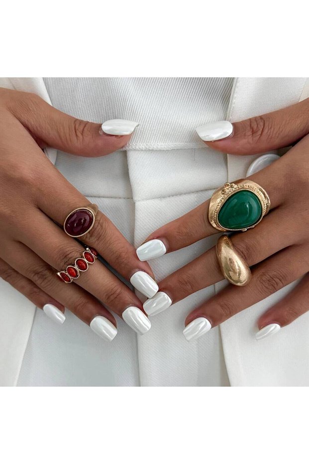 Gold Color Salircon 4Pcs/Set Vintage Metal Irregular Green Red Acrylic Ring for Women Punk Exaggerat