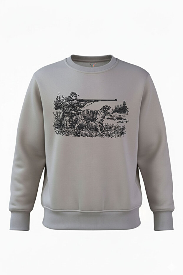 Hunter and Hunting Dog Illustration Printed 100% Cotton Regular Fit Crew Neck 3 Thread Winter Sweatshirt