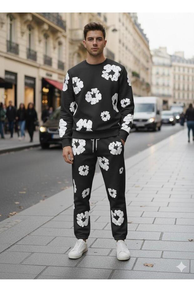 Unisex Black 3 Thread 100% Cotton Embossed B Printed O Oversized Sweatshirt & Sweatpants Set