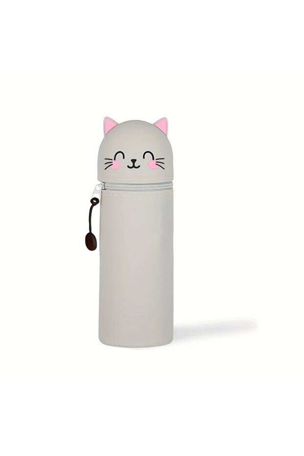 Grey Cat 2-in-1 Expandable Silicone Pencil Case & Desk Organizer, Cute Cat Design for School Office