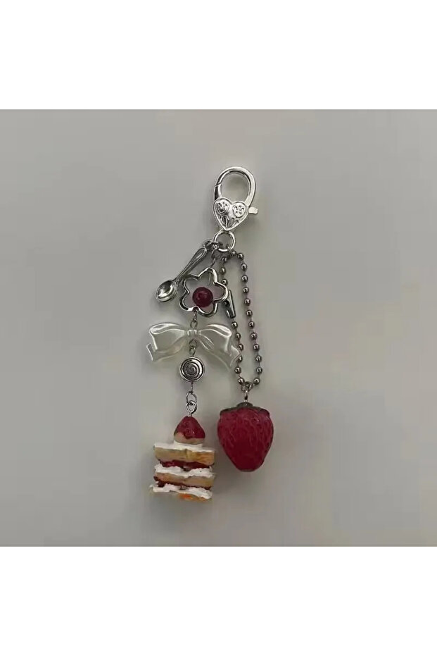 YA3333-1 Cute Strawberry Cake Keychain for Women Creative Bow Heart Mobile Phone Lanyard Key Ring Ba