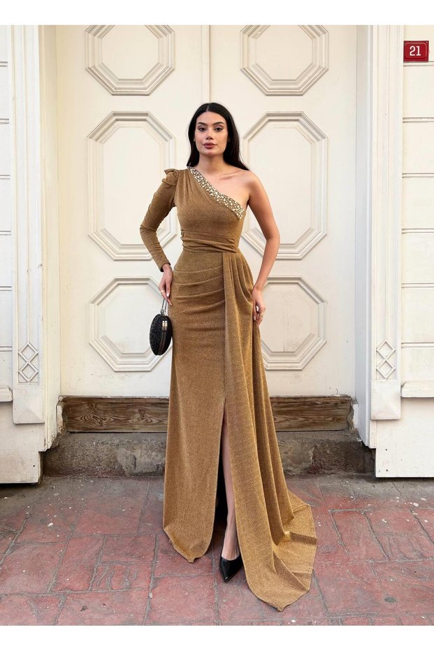 Flowers Pearl Detailed One Shoulder Evening Dress 583371 Gold
