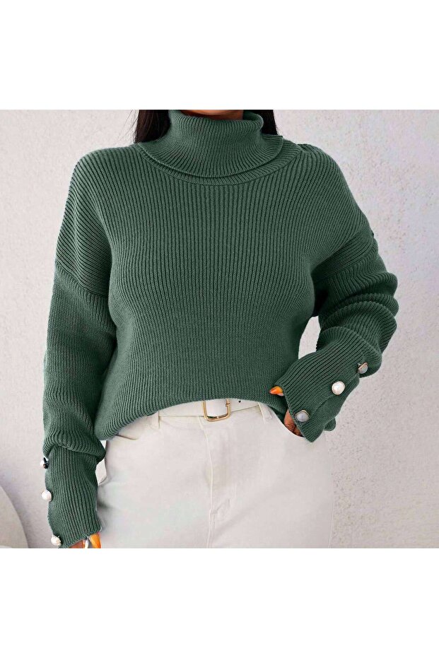 Women's Turtleneck Cufflink Detailed Knitwear Sweater