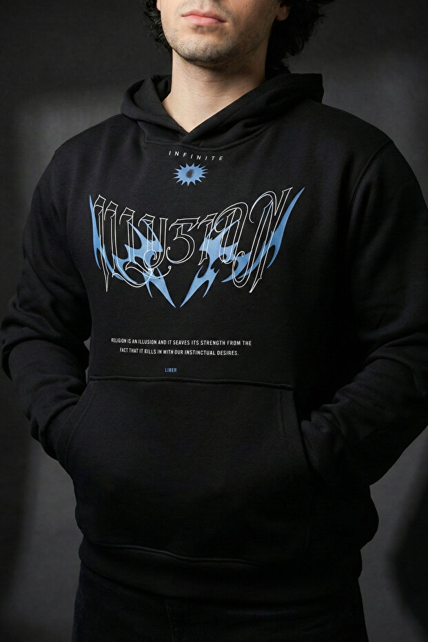 Illusion Black Oversized Hoodie 3 Thread Ş Fleece-Lined Sweatshirt