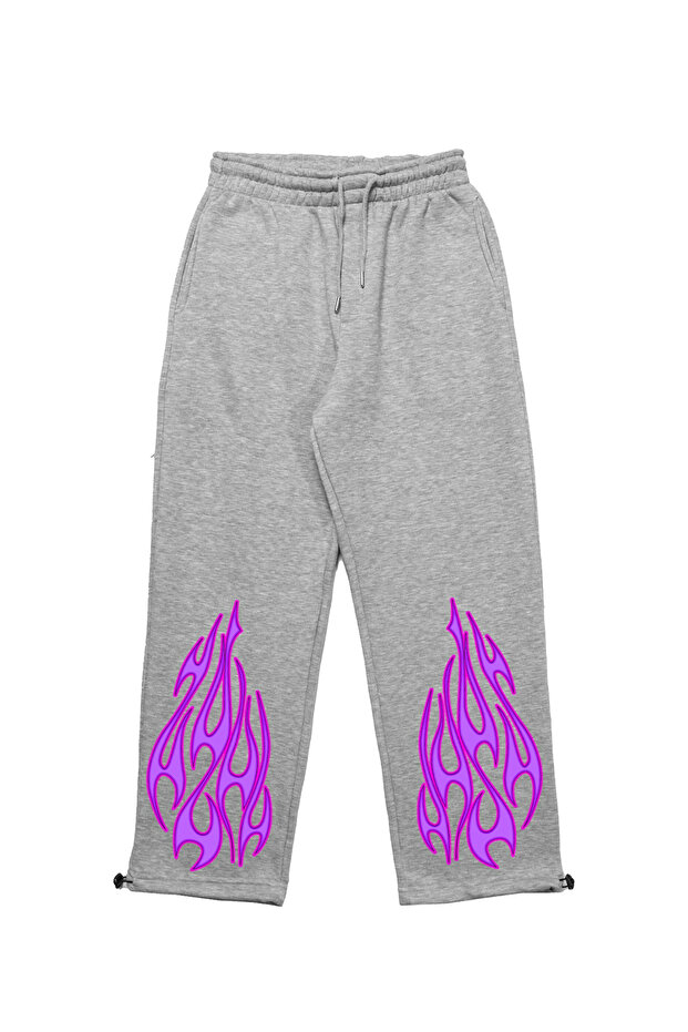 Premium Purple Flame Wide Leg Men's Gray Sweatpants