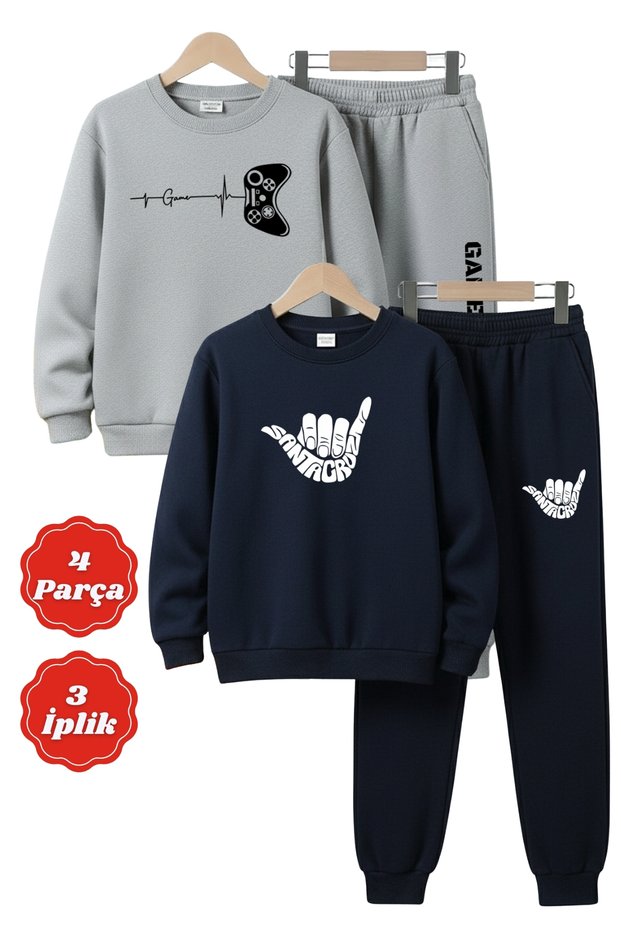 3 Thread Round Neck Printing Detail Thick Winter 4 Piece Boys Tracksuit Set