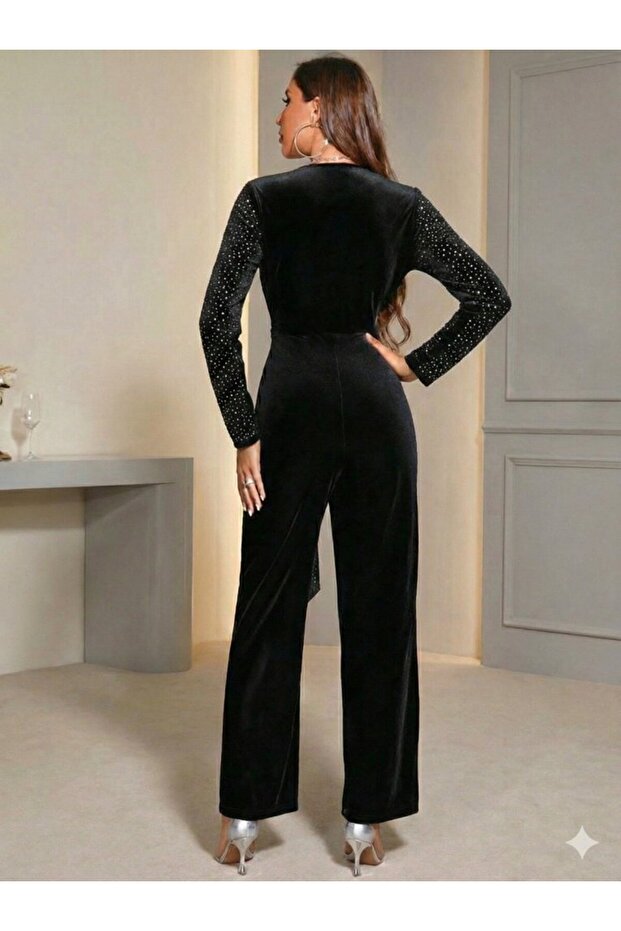 Women's Long Sleeve Double-Breasted Collar Waist Belted Sparkling Velvet Jumpsuit - 2