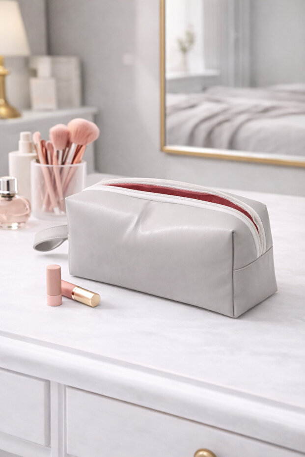 Faux Leather Makeup Bag – Zippered, Travel-Friendly Gray