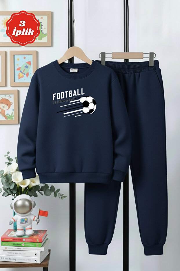 3 Thread Round Neck Football Print Detailed Thick Winter Boys' Tracksuit Set