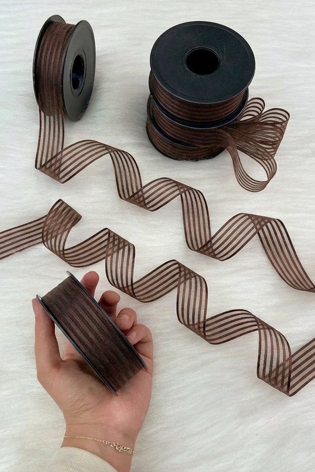 Brown Hilton Striped Chiffon Ribbon 2.5 cm 20 Meters, Bohça, Engagement, Dowry, Gift, Wedding, Decoration