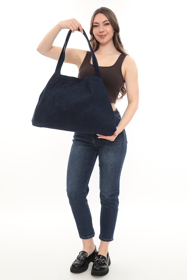 Velvet Navy Blue Corded Fabric Velvet Expandable Cloth Bag