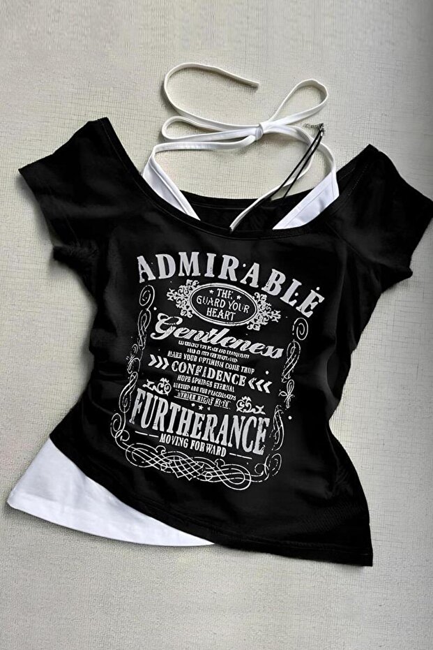 Black Admirable Madonna Collar Additional Strap Short Sleeve Full Body Crop