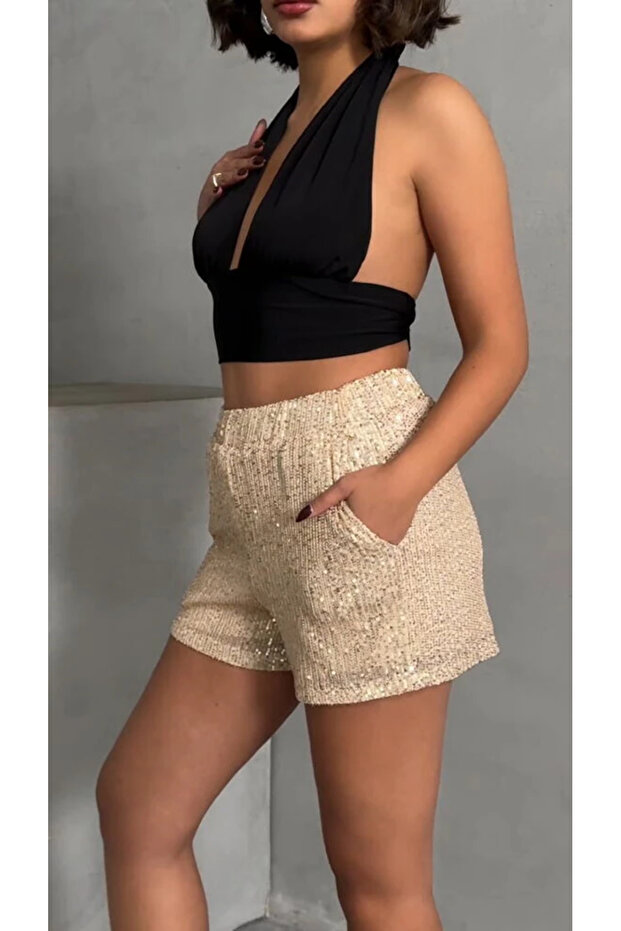Cepli Siyah Payetli Şort - 2