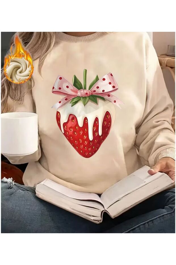 Strawberry Ribbon Print Detailed Crew Neck Sweatshirt