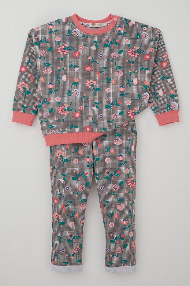 Baby Girl Tracksuit Set Plaid Patterned Flower Garden 9 Months-3 Years, Mink