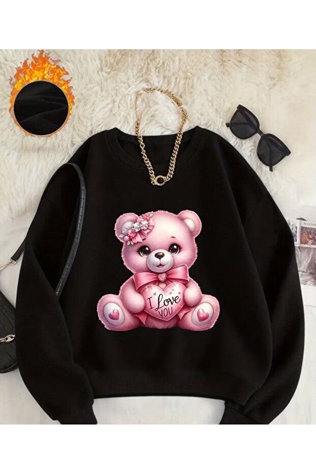 Pink Teddy Bear Print Detailed Crew Neck Sweatshirt