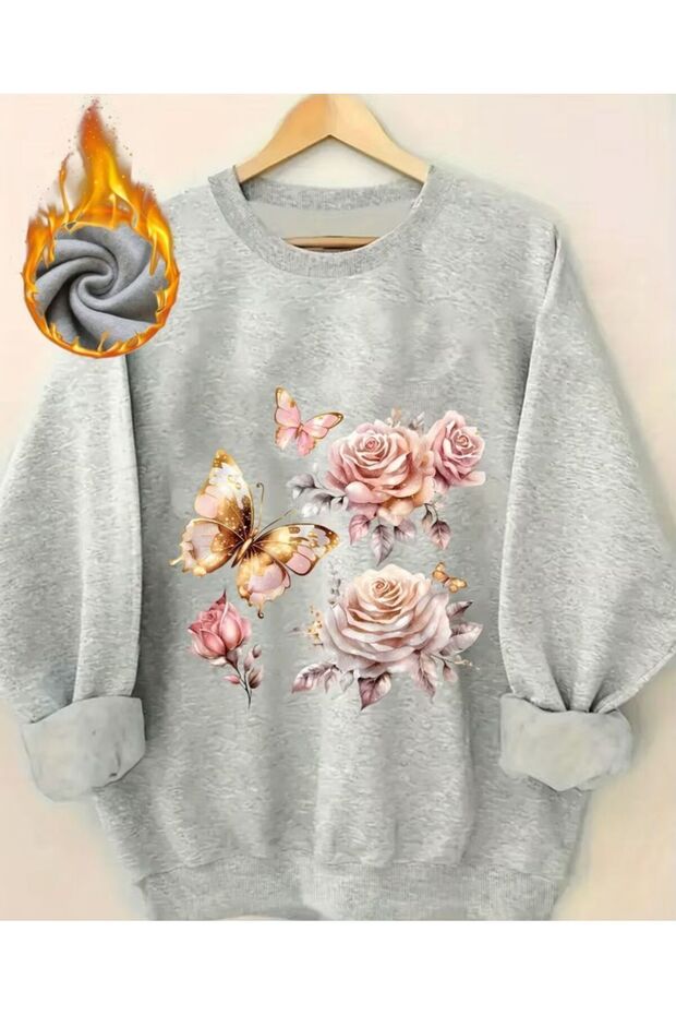 Butterfly And Rose Print Detailed Crew Neck Sweatshirt