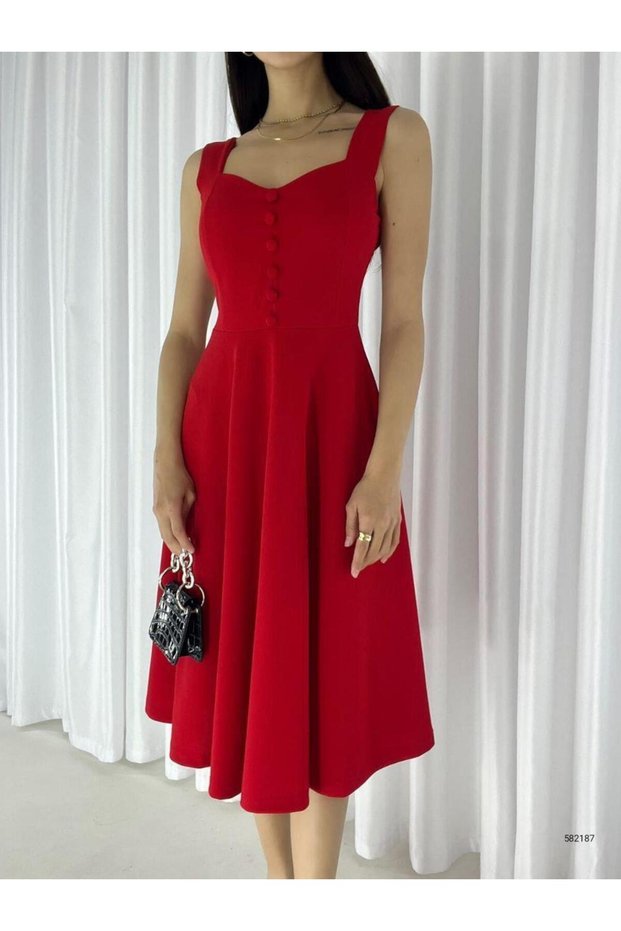 Strappy Sweetheart Neck Midi Length Crepe Fabric Evening Dress 582187 Red