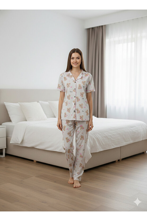 Teddy Bear Printed Front Buttoned Cotton Pajamas Suit