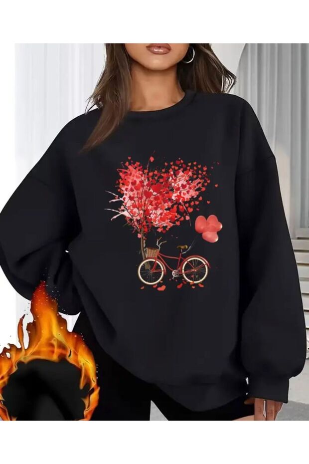 Cycling Hearts Print Detailed Crew Neck Sweatshirt