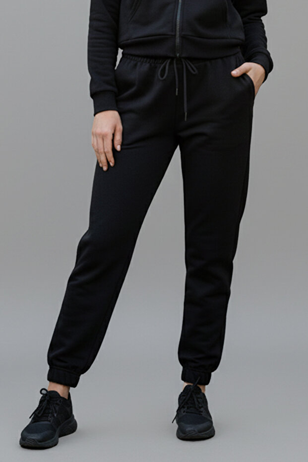 Women's Two Thread Leggings with Elastic Waist and 2 Pockets Sweatpants 8017 Black