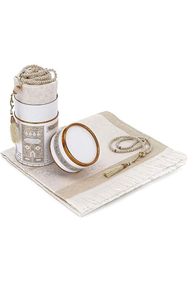 Stylish Islamic Prayer Mat with Matching Beaded Tasbih, Premium Gift Box Included, Soft and Comforta