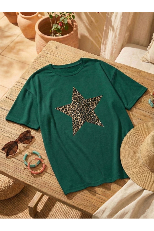 تيشيرت نسائي من Leopard Star مطبوع قصة فضفاضة برقبة دائرية