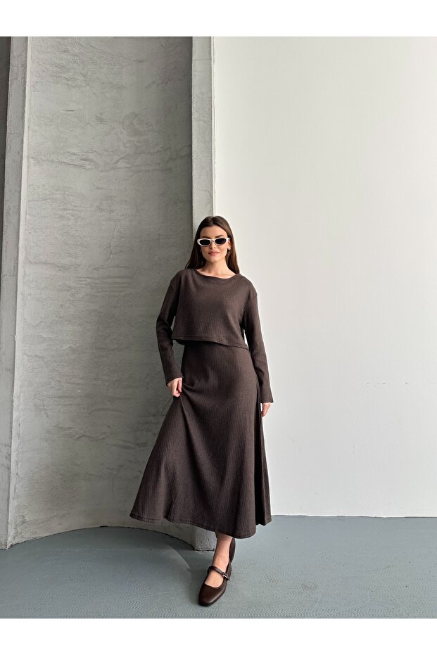 Women's Brushed Dress and Crop Blouse Two-Piece Set